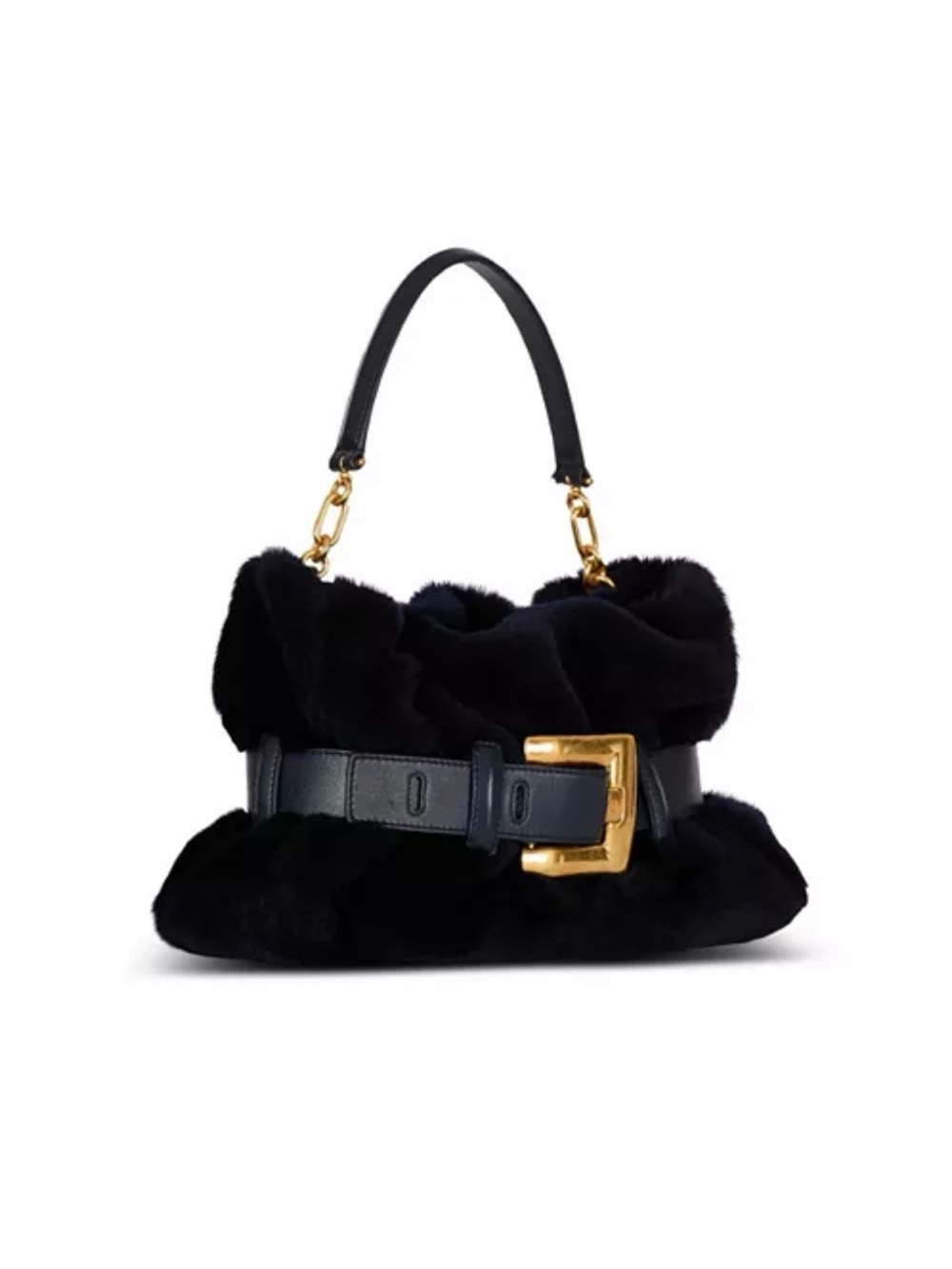 Balmain Black Faux Fur Satchel with Gold Buckle